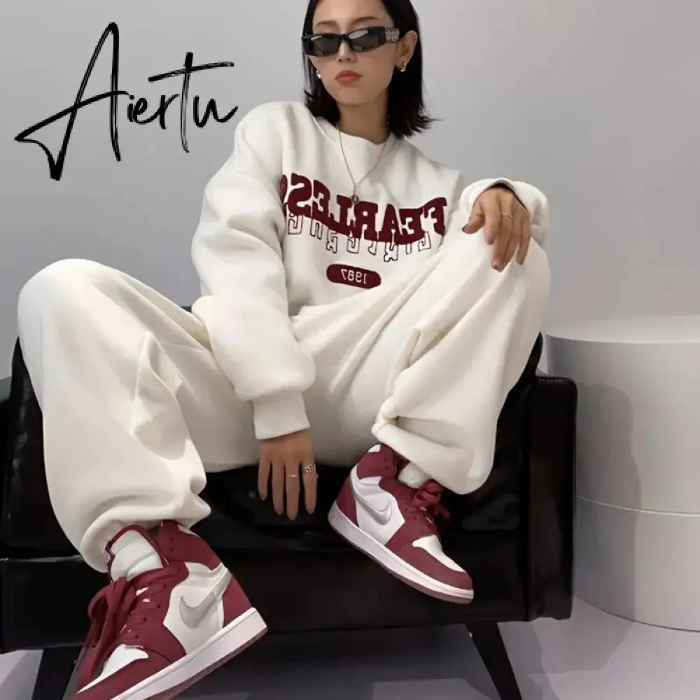 Streetwear 2 Piece Sets Womens Outfits Autumn Y2k Tracksuit Solid O-Neck Letter Print Sweatshirt + Trousers Female Loose Suits Aiertu