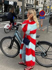 Stripe Women Knit Splice Cardigans Loose Autumn Winter Vintage Full Sleeve Long Coat Ladies Casual Street Jacket Knitwear Aiertu