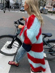Stripe Women Knit Splice Cardigans Loose Autumn Winter Vintage Full Sleeve Long Coat Ladies Casual Street Jacket Knitwear Aiertu