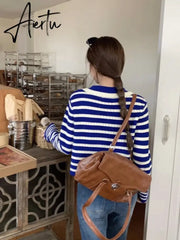 Striped Knitted Cardigan Women Hollow Out Turn Down Collar Long Sleeve Cropped Sweater Loose Outwear Autumn New Tops Aiertu