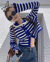 Striped Knitted Cardigan Women Hollow Out Turn Down Collar Long Sleeve Cropped Sweater Loose Outwear Autumn New Tops Aiertu