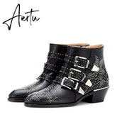 Studded Real Leather Ankle Boots Women Round Toe Rivet Flower Martin Short Boots Cowhide Thick Heel Low New Heel Women's Shoes Aiertu