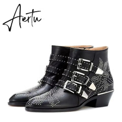 Studded Real Leather Ankle Boots Women Round Toe Rivet Flower Martin Short Boots Cowhide Thick Heel Low New Heel Women's Shoes Aiertu