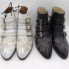 Studded Real Leather Ankle Boots Women Round Toe Rivet Flower Martin Short Boots Cowhide Thick Heel Low New Heel Women's Shoes Aiertu