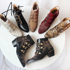 Studded Real Leather Ankle Boots Women Round Toe Rivet Flower Martin Short Boots Cowhide Thick Heel Low New Heel Women's Shoes Aiertu