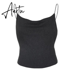 SUCHCUTE Spaghetti Straps female T-shirt Glitter backless tops loose spring simple women tee chrismas party outfits Aiertu