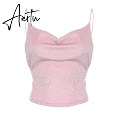 SUCHCUTE Spaghetti Straps female T-shirt Glitter backless tops loose spring simple women tee chrismas party outfits Aiertu
