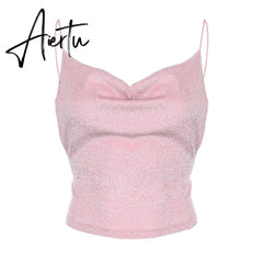 SUCHCUTE Spaghetti Straps female T-shirt Glitter backless tops loose spring simple women tee chrismas party outfits Aiertu