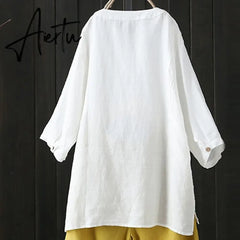 Sumemr Women Long Sleeve Solid Top button Irregular Hem Shirt Loose Cotton Linen Blouse Femininas Vintage Blusa Plus Size Aiertu