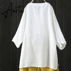 Sumemr Women Long Sleeve Solid Top button Irregular Hem Shirt Loose Cotton Linen Blouse Femininas Vintage Blusa Plus Size Aiertu