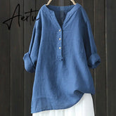 Sumemr Women Long Sleeve Solid Top button Irregular Hem Shirt Loose Cotton Linen Blouse Femininas Vintage Blusa Plus Size Aiertu