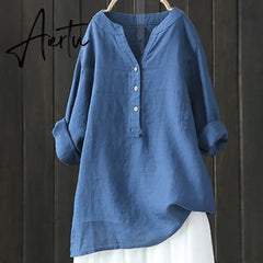 Sumemr Women Long Sleeve Solid Top button Irregular Hem Shirt Loose Cotton Linen Blouse Femininas Vintage Blusa Plus Size Aiertu