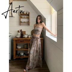 Summer Apricot Vest Skirt Womens Tie-dyed Two Piece Set Fashion Y2K Belt NEW Female Temperament Elegant Party Long Dress Aiertu