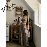 Summer Apricot Vest Skirt Womens Tie-dyed Two Piece Set Fashion Y2K Belt NEW Female Temperament Elegant Party Long Dress Aiertu