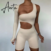 Summer Autumn Women Sexy Fitness Jumpsuit One Shoulder Skinny Bodycon Solid Sport Romper Playsuit Aiertu