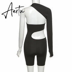 Summer Autumn Women Sexy Fitness Jumpsuit One Shoulder Skinny Bodycon Solid Sport Romper Playsuit Aiertu