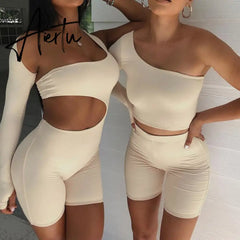 Summer Autumn Women Sexy Fitness Jumpsuit One Shoulder Skinny Bodycon Solid Sport Romper Playsuit Aiertu