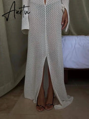 Summer Beach Holiday Knitted Maxi Dress Outfits for Women Party Club Long Sleeve See Through Dresses Hollow Out Aiertu