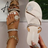Summer Beach Slippers Women Pearl Set Toe Elastic Sandals Flat Strap Casual Home Sandals Slippers Beach Slippers Zapatos Mujer Aiertu
