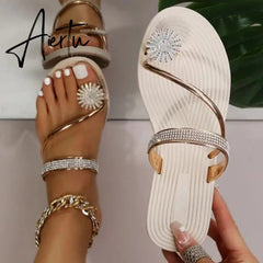 Summer Beach Slippers Women Pearl Set Toe Elastic Sandals Flat Strap Casual Home Sandals Slippers Beach Slippers Zapatos Mujer Aiertu