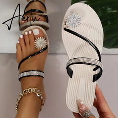Summer Beach Slippers Women Pearl Set Toe Elastic Sandals Flat Strap Casual Home Sandals Slippers Beach Slippers Zapatos Mujer Aiertu