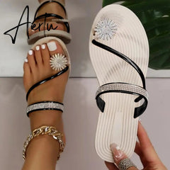 Summer Beach Slippers Women Pearl Set Toe Elastic Sandals Flat Strap Casual Home Sandals Slippers Beach Slippers Zapatos Mujer Aiertu