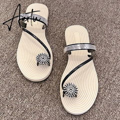 Summer Beach Slippers Women Pearl Set Toe Elastic Sandals Flat Strap Casual Home Sandals Slippers Beach Slippers Zapatos Mujer Aiertu