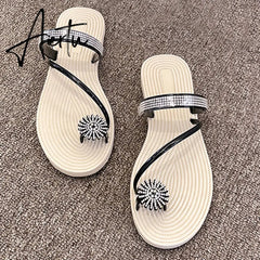 Summer Beach Slippers Women Pearl Set Toe Elastic Sandals Flat Strap Casual Home Sandals Slippers Beach Slippers Zapatos Mujer Aiertu