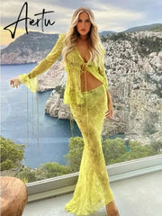 Summer Chiffon Fashion Maxi Skirt cover-up Women Elegant High Waist printed Holiday See-Through Printed Female Long Skirt Aiertu
