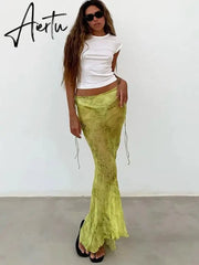 Summer Chiffon Fashion Maxi Skirt cover-up Women Elegant High Waist printed Holiday See-Through Printed Female Long Skirt Aiertu