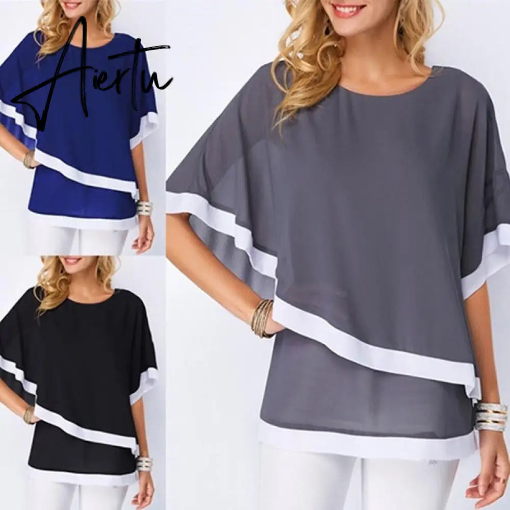 Summer Chiffon T-shirts Women's Bat Sleeves Irregular T Shirt Women Clothing Stitching Half Sleeve Tee Shirt Top Aiertu