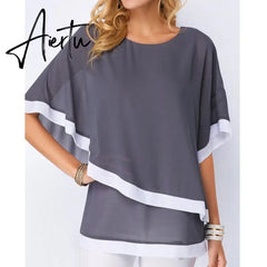 Summer Chiffon T-shirts Women's Bat Sleeves Irregular T Shirt Women Clothing Stitching Half Sleeve Tee Shirt Top Aiertu