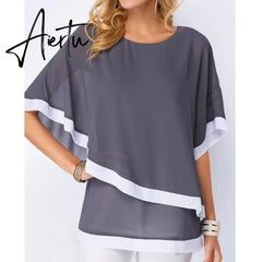 Summer Chiffon T-shirts Women's Bat Sleeves Irregular T Shirt Women Clothing Stitching Half Sleeve Tee Shirt Top Aiertu
