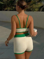 Summer Contrast Knit Outfits Halter Top And Short Trousers Sets Female Beach Holiday Sexy Casual Tracksuit Y2k Women Sets Aiertu