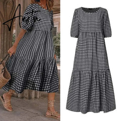 Summer Dress Women Casual Short Sleeve Plaid Printed Sundress Loose Pleated Mid-Calf Dresses Femme Party Robe Aiertu