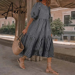 Summer Dress Women Casual Short Sleeve Plaid Printed Sundress Loose Pleated Mid-Calf Dresses Femme Party Robe Aiertu
