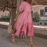Summer Dress Women Casual Short Sleeve Plaid Printed Sundress Loose Pleated Mid-Calf Dresses Femme Party Robe Aiertu