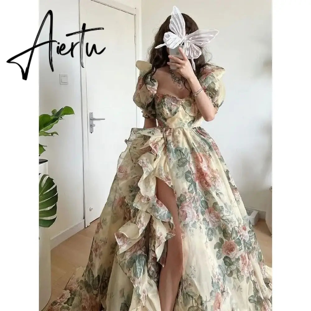 Summer Elegant Evening Party Dress Short Puff Sleeve Khaki Print Organza Women Floor-Length Overlength Princess Long Dress Aiertu