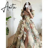 Summer Elegant Evening Party Dress Short Puff Sleeve Khaki Print Organza Women Floor-Length Overlength Princess Long Dress Aiertu