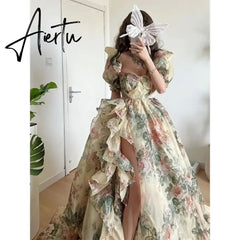 Summer Elegant Evening Party Dress Short Puff Sleeve Khaki Print Organza Women Floor-Length Overlength Princess Long Dress Aiertu