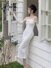 Summer Elegant Vintage White Dress Women Chic One Piece Dress Korean Casual Long Sleeve Beach Party Midi Dress Office Lady Aiertu
