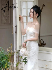 Summer Elegant Vintage White Dress Women Chic One Piece Dress Korean Casual Long Sleeve Beach Party Midi Dress Office Lady Aiertu