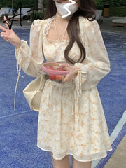 Summer Elegant Y2k Midi Dress Women Casual Lace One Piece Dress Korean Sweet Vintage Floral Dress Party Female Long Sleeve Aiertu
