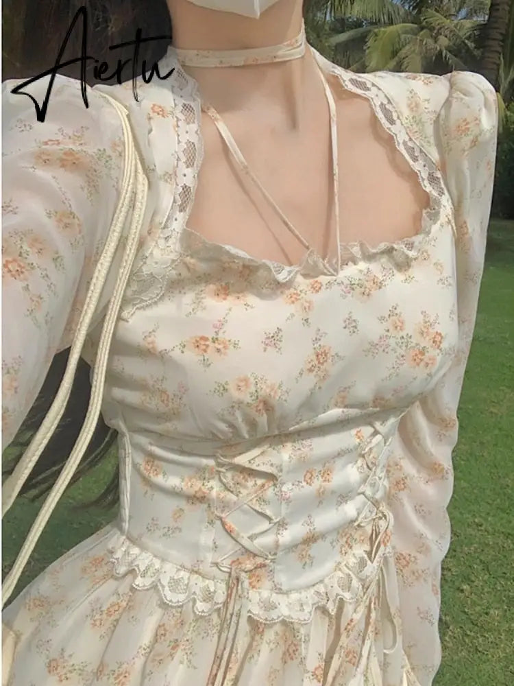 Summer Elegant Y2k Midi Dress Women Casual Lace One Piece Dress Korean Sweet Vintage Floral Dress Party Female Long Sleeve Aiertu
