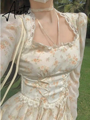 Summer Elegant Y2k Midi Dress Women Casual Lace One Piece Dress Korean Sweet Vintage Floral Dress Party Female Long Sleeve Aiertu