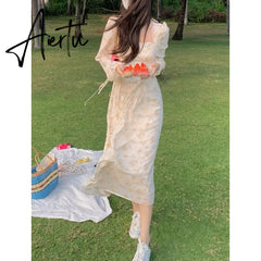 Summer Elegant Y2k Midi Dress Women Casual Lace One Piece Dress Korean Sweet Vintage Floral Dress Party Female Long Sleeve Aiertu