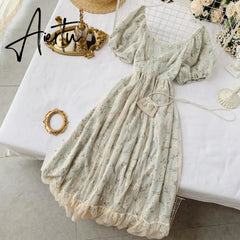 Summer Fairy Dress Women French Style Vintage Retro Chiffon Dress Puff Sleeve Casual Elegant Floral Print Dress Women New Aiertu