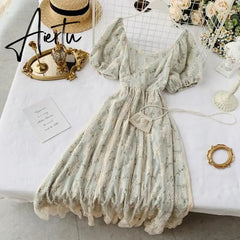Summer Fairy Dress Women French Style Vintage Retro Chiffon Dress Puff Sleeve Casual Elegant Floral Print Dress Women New Aiertu