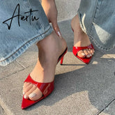 Summer Fashion Low Thin Heels Women Slippers Gladiator Sandals Cozy Patent Leather Pointed Toe Slip-On Slides Shoes Mules Aiertu