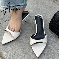 Summer Fashion Low Thin Heels Women Slippers Gladiator Sandals Cozy Patent Leather Pointed Toe Slip-On Slides Shoes Mules Aiertu